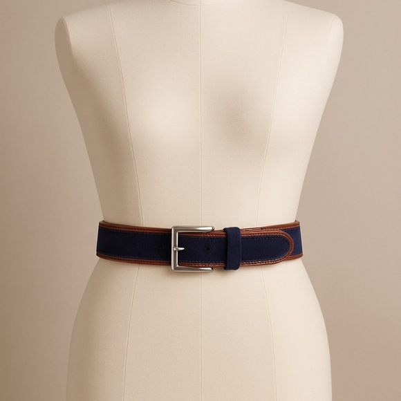 Vera Pelle | Navy blue suede & brown leather trim belt silver buckle belt - Picture 1 of 16